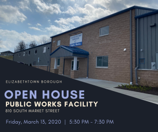 Picture of the Public Works Garage with details on the Open House scheduled on March 13 from 5:30-7:30 pm.