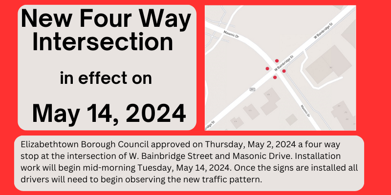 A new four-way intersection will be installed 5-14-24 at W Bainbridge and Masonic Dr.