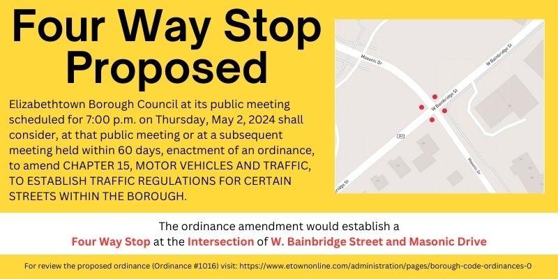 Ordinance proposed for a four way stop intersection Masonic Dr and W Bainbridge St